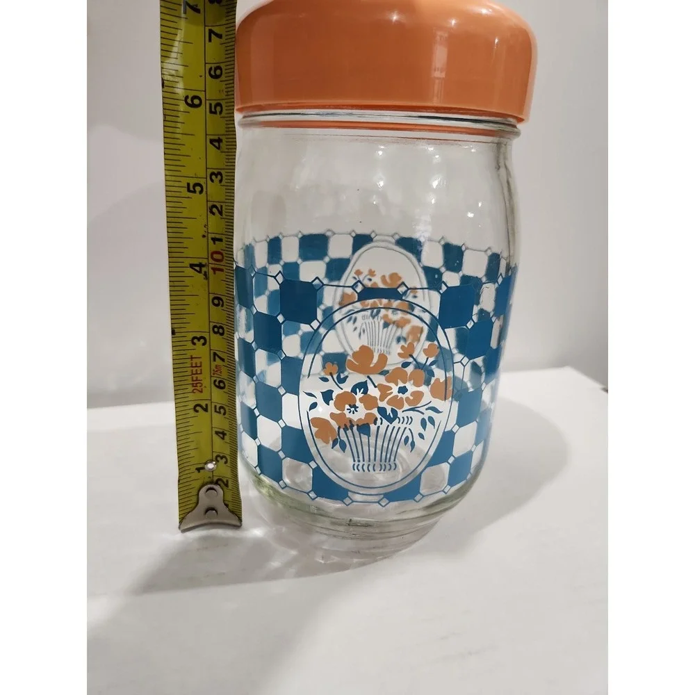 Vintage Carlton Glass Jar With Blue Checkered Pattern And Floral Design